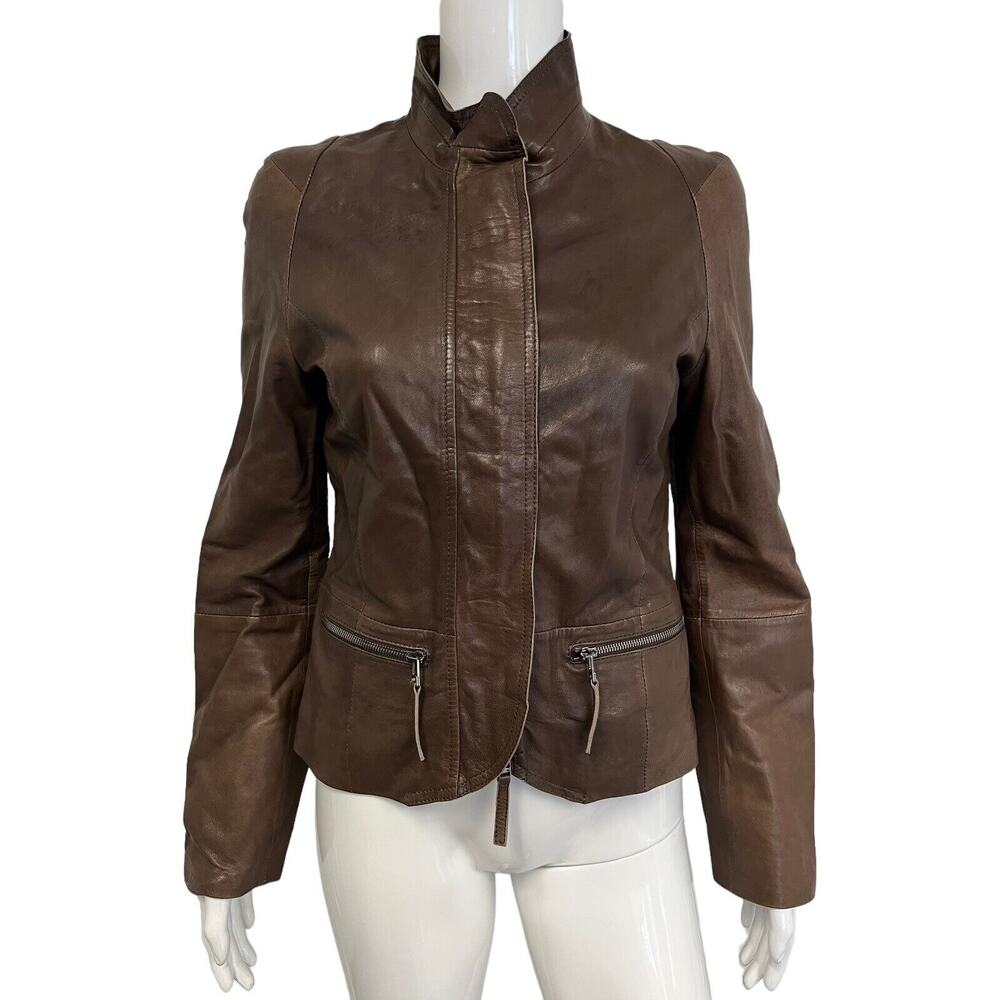 LUISA CERANO Brown Lamb Leather Zip Up Jacket Size US 4